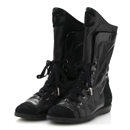Chanel Perforated Lambskin High Top CC Sneaker Boots 36.5 Black 4 of 10