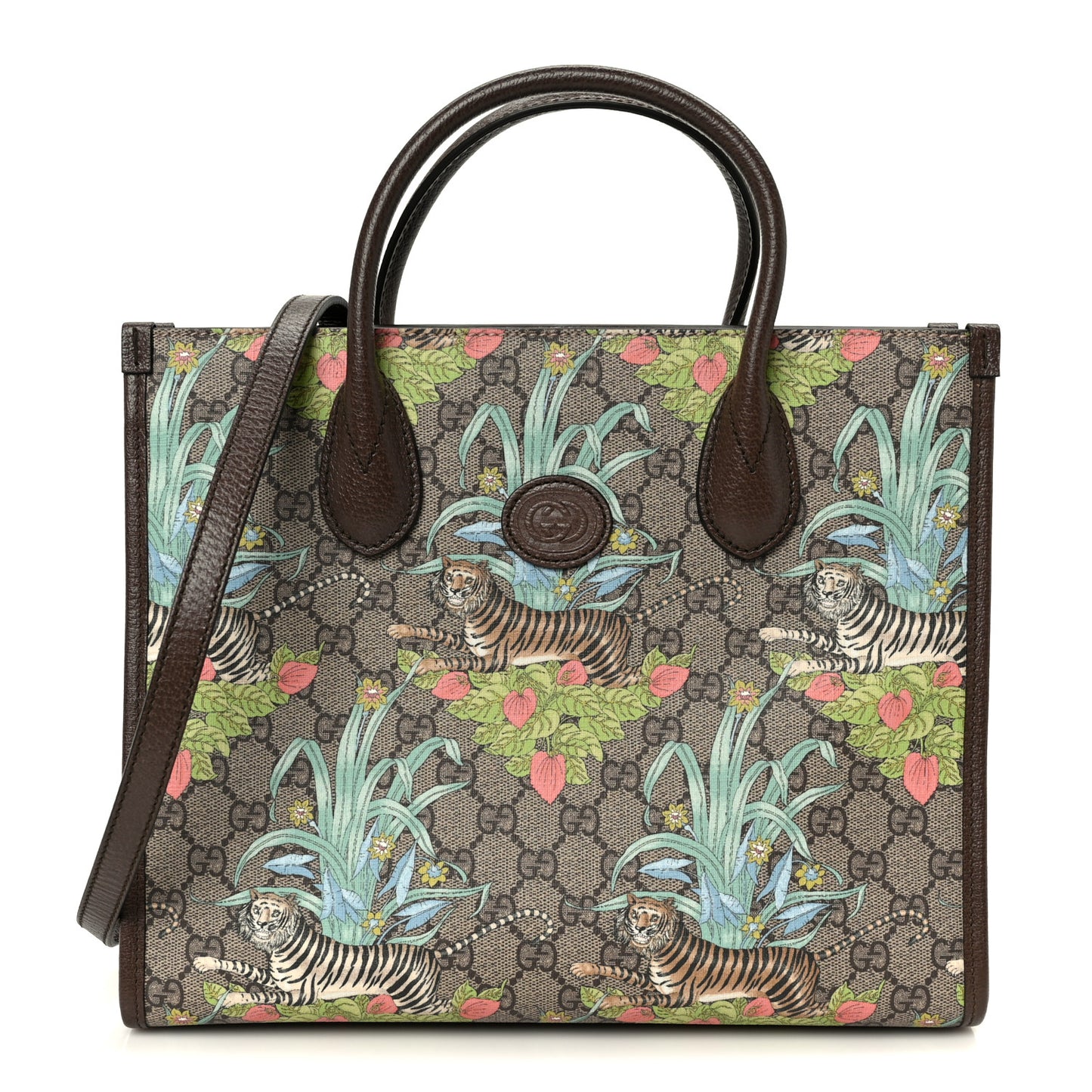 GG Supreme Monogram Tiger Savanah Textured Dollar Calfskin Small Retro Interlocking G Tote Bag Beige Ebony Multicolor New Acero