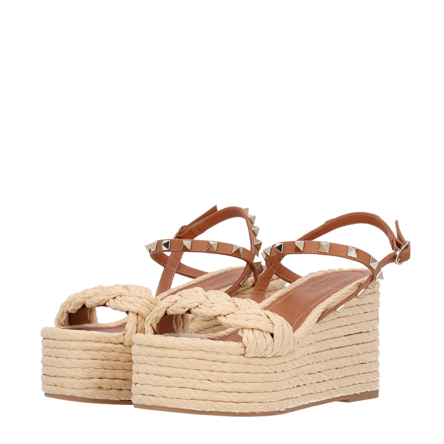 Calfskin Raffia Braided Rockstud Ankle Strap Espadrille 95mm Wedge Sandals 37 Almond Beige Naturale