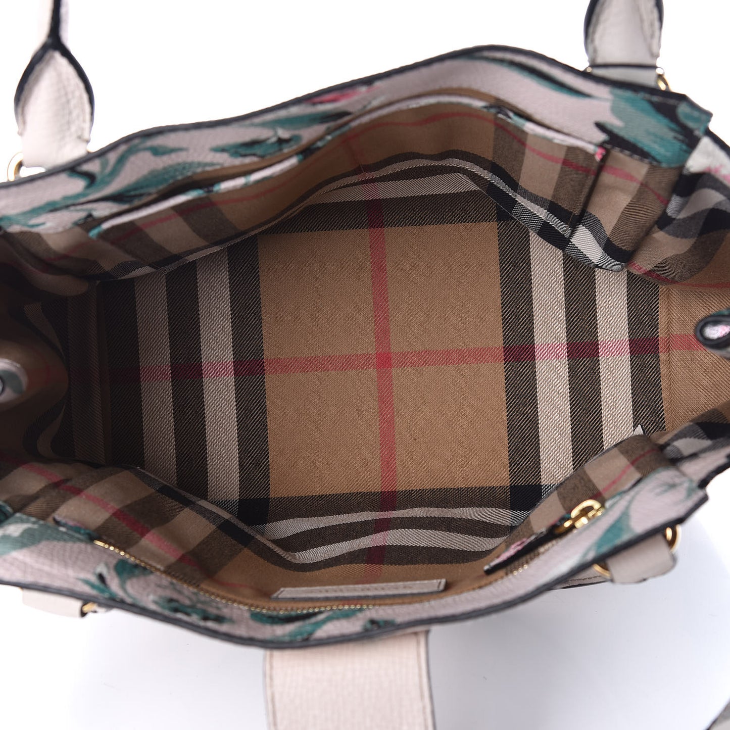 Soft Grain Calfskin Floral Print Medium Buckle Tote Natural Emerald Green