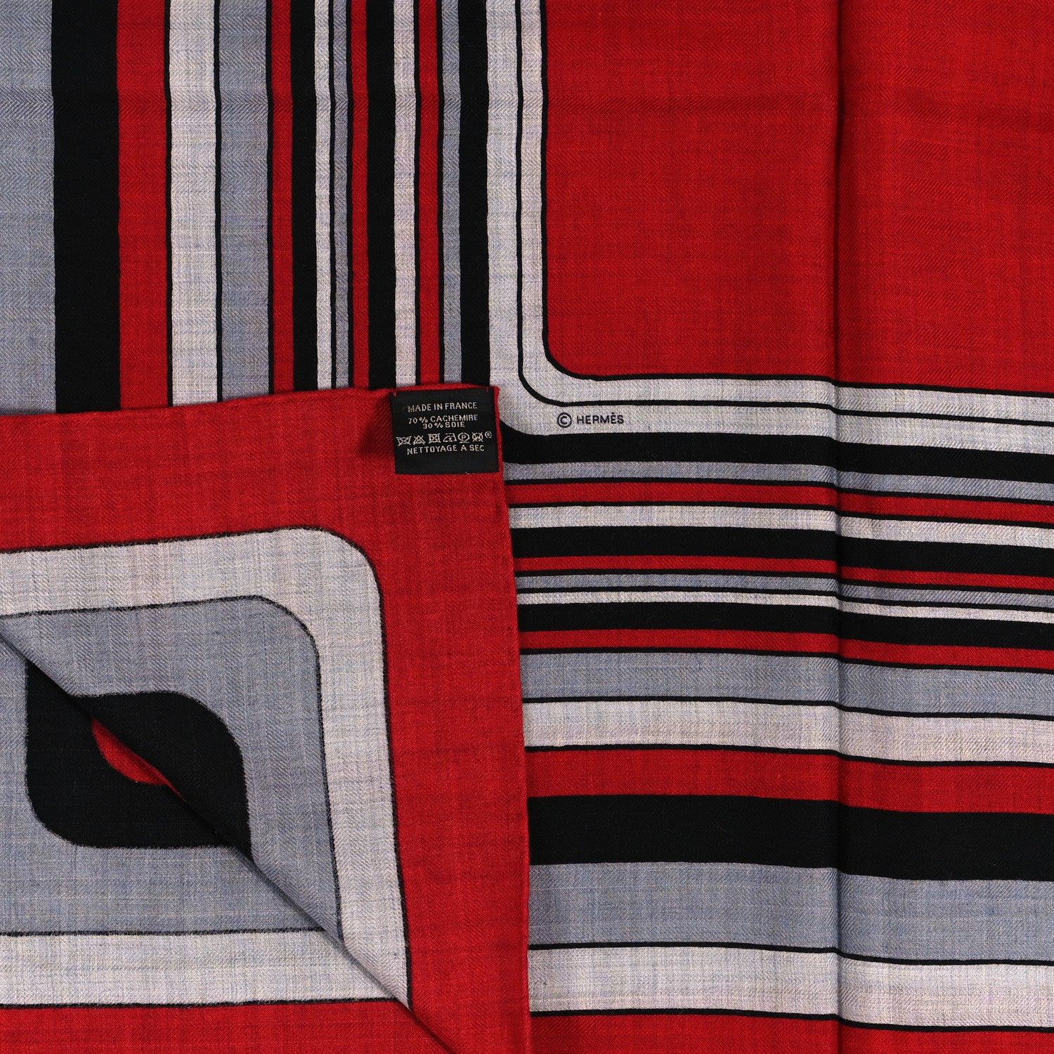 Hermes Cashmere Silk Pegase Paysage Shawl 140 Rouge Gris Chine Noir 3 of 4