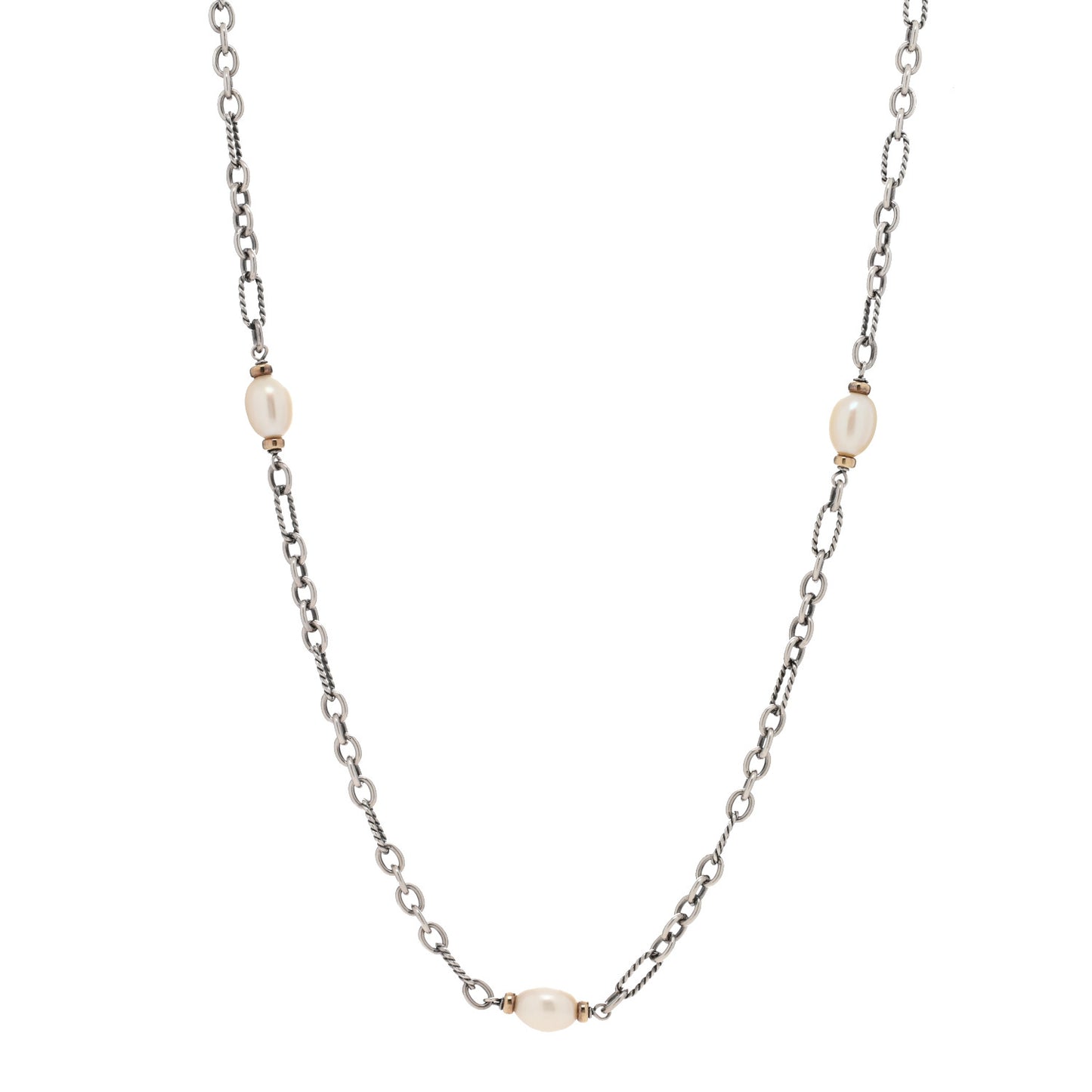 Sterling Silver 18K Yellow Gold Baroque Pearl Long Figaro Chain Necklace