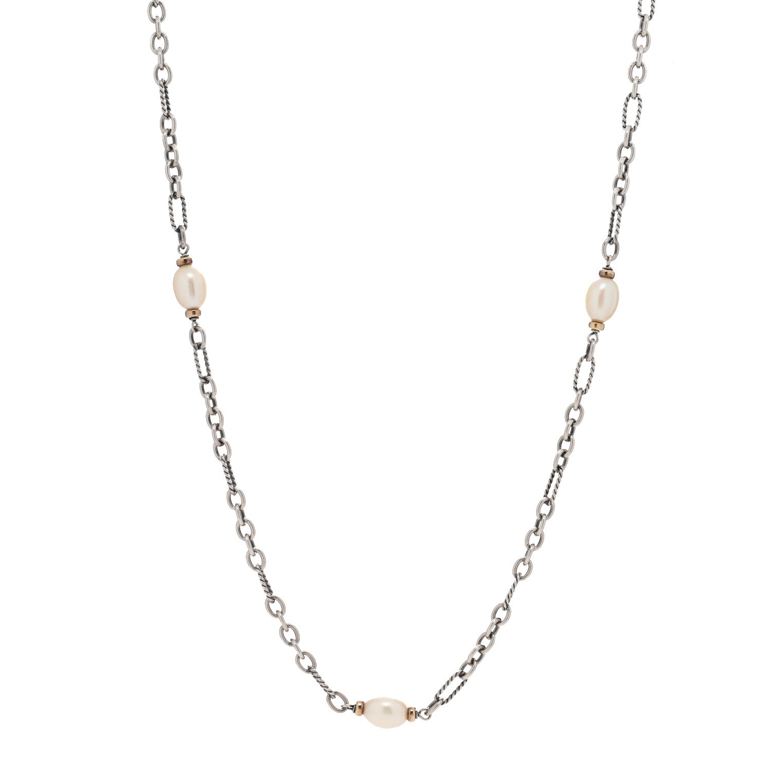David Yurman Sterling Silver 18K Yellow Gold Baroque Pearl Long Figaro Chain Necklace 1 of 3