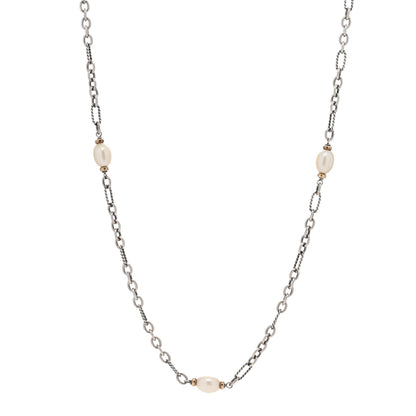David Yurman Sterling Silver 18K Yellow Gold Baroque Pearl Long Figaro Chain Necklace 1 of 3