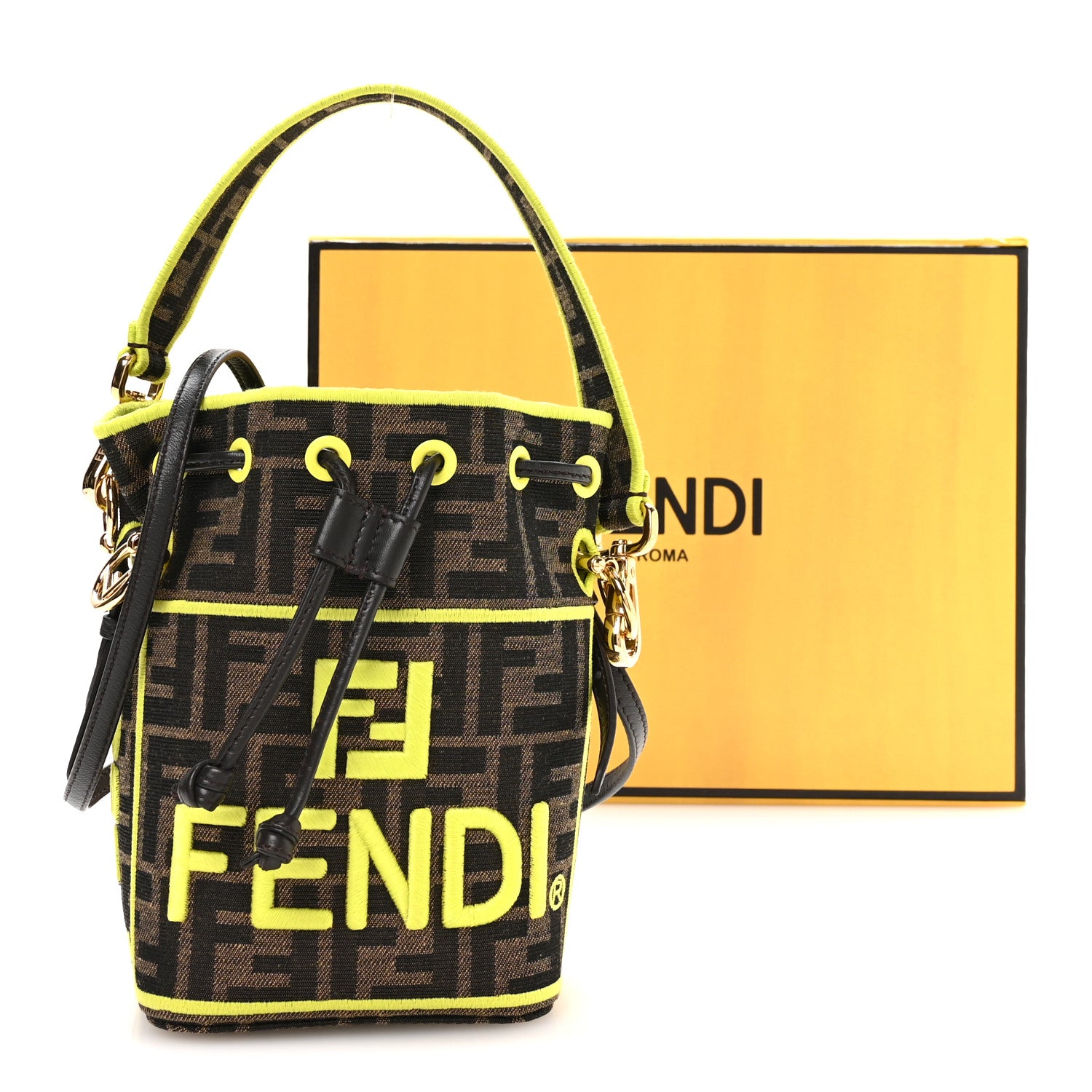 Fendi Fabric Jacquard Shiny Nappa FF 1974 Logo Threaded Edge Mini Mon Tresor Bucket Bag Tobacco Moro Giallo Fluo 9 of 9