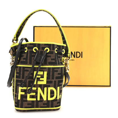Fendi Fabric Jacquard Shiny Nappa FF 1974 Logo Threaded Edge Mini Mon Tresor Bucket Bag Tobacco Moro Giallo Fluo 9 of 9