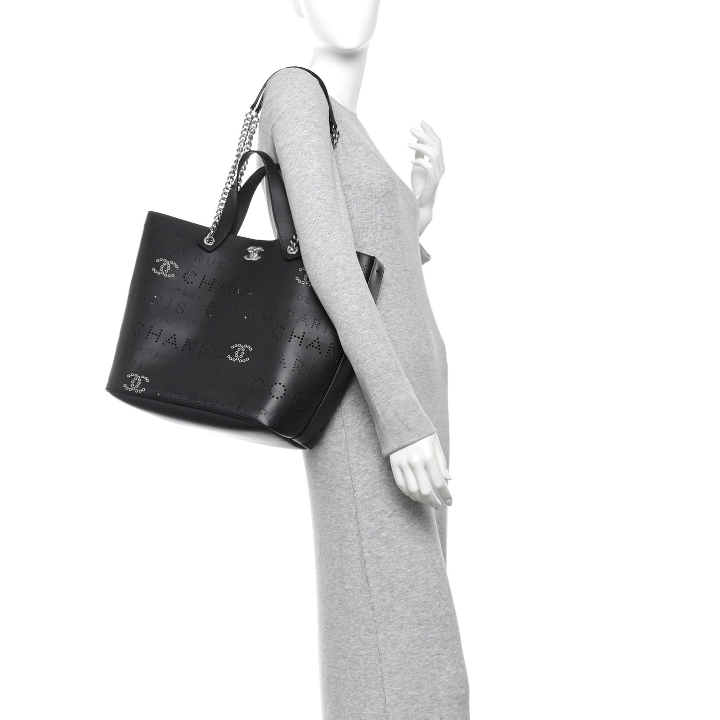 Calfskin Tweed Small Logo Eyelets Shopping Tote Black