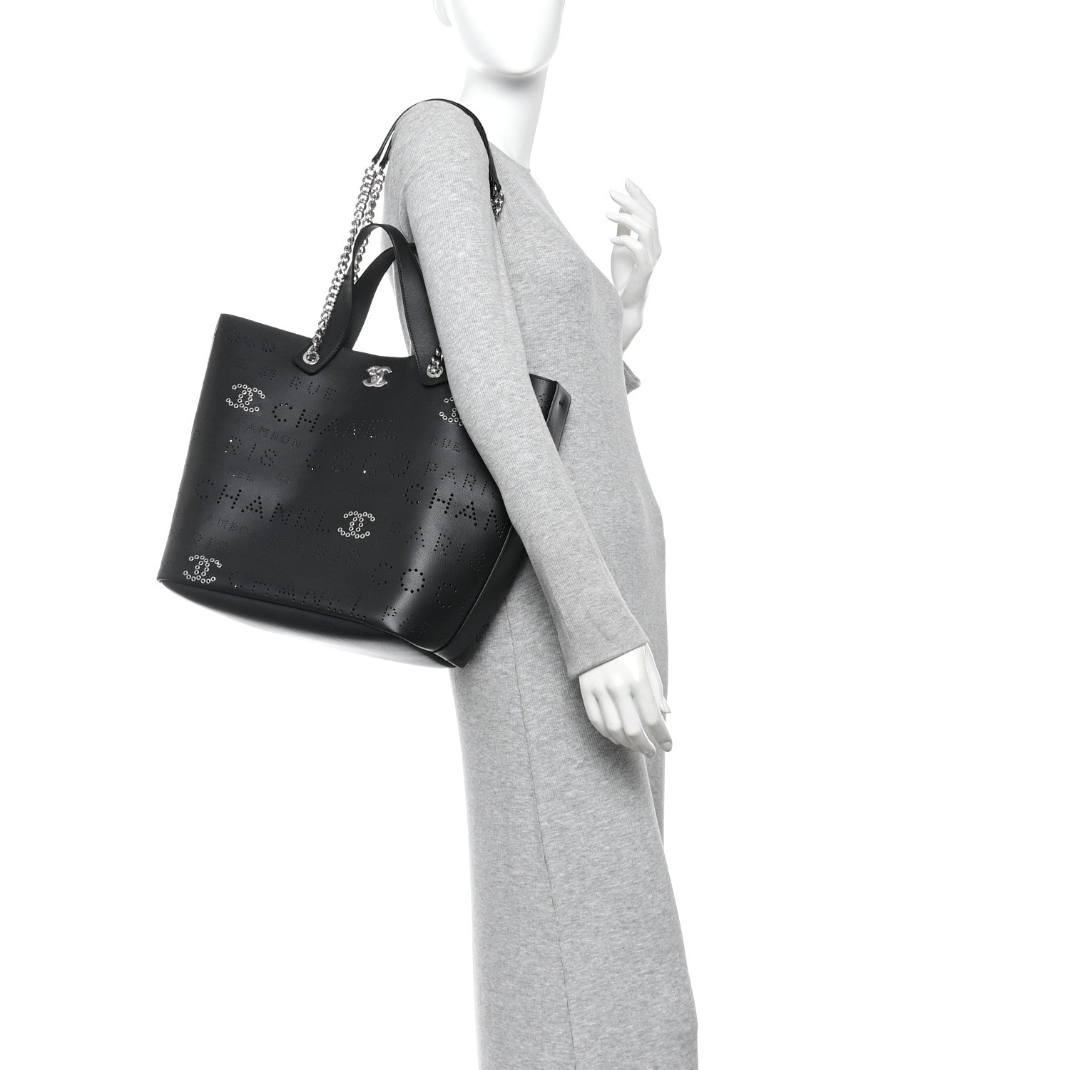 Chanel Calfskin Tweed Small Logo Eyelets Shopping Tote Black 2 of 11