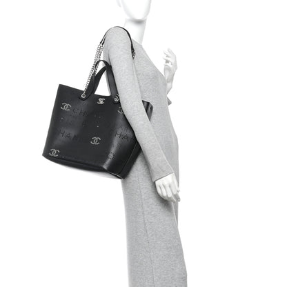 Chanel Calfskin Tweed Small Logo Eyelets Shopping Tote Black 2 of 11