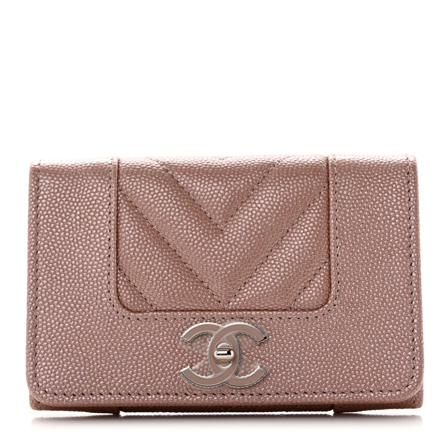 Chanel Metallic Caviar Chevron Quilted Vintage Mademoiselle Flap Card Holder Pink 1 of 9