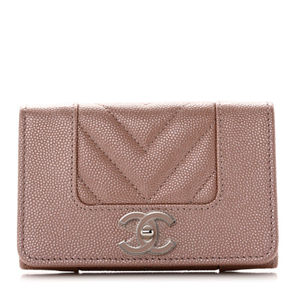 Chanel Metallic Caviar Chevron Quilted Vintage Mademoiselle Flap Card Holder Pink 1 of 9