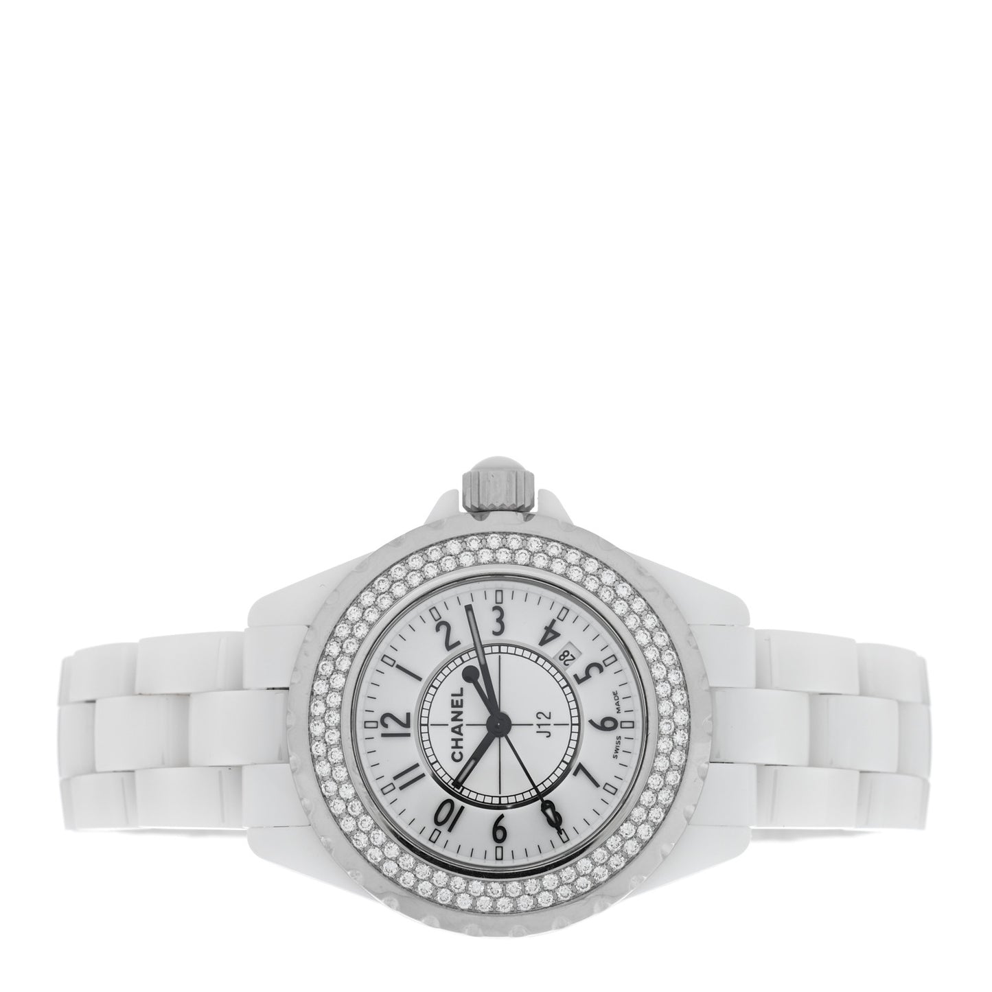 Stainless Steel Ceramic Diamond Pave Bezel 33mm J12 Quartz Watch White