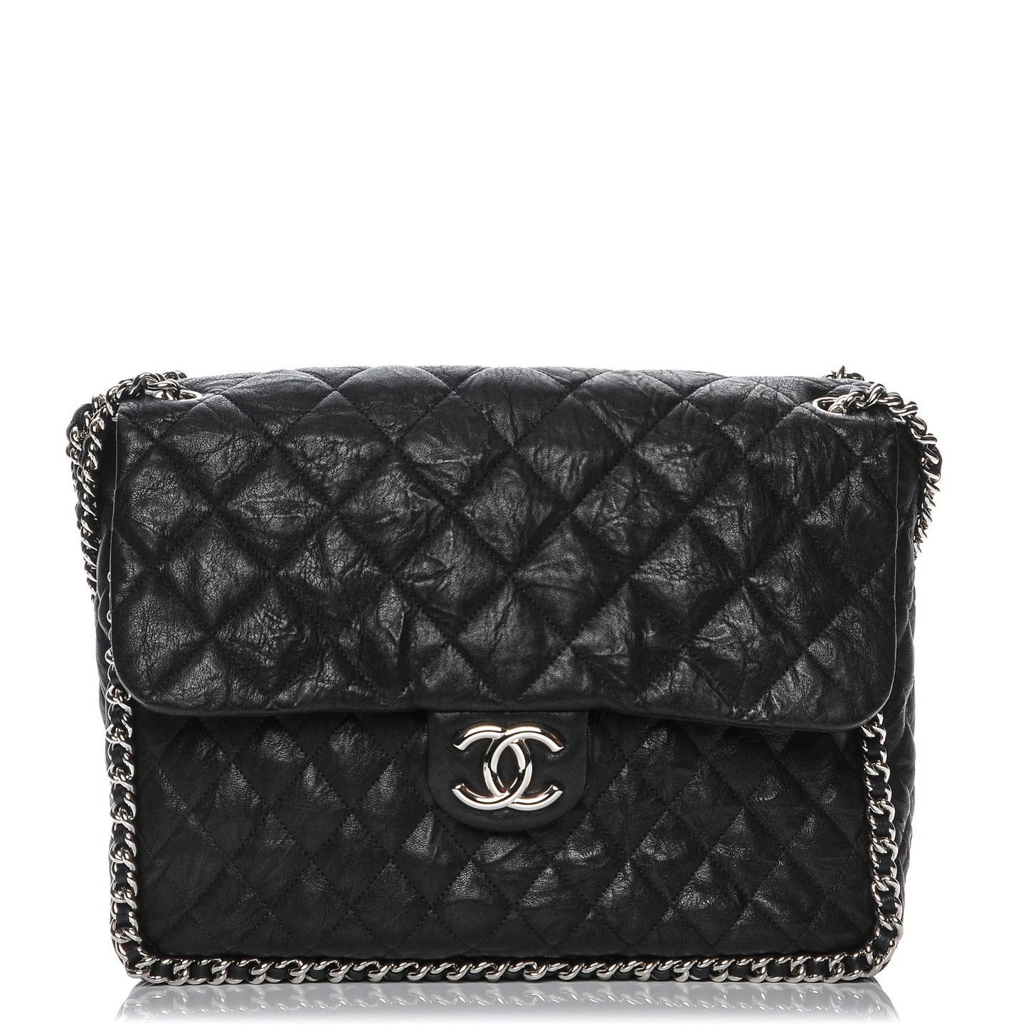 Washed Lambskin Quilted Maxi Chain Around Flap Black