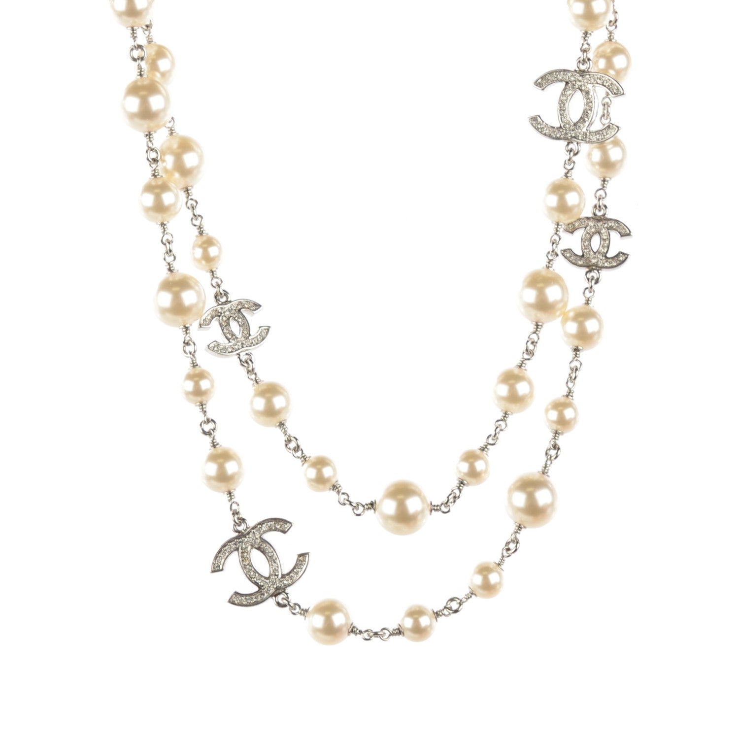 Chanel Crystal Pearl CC Long Necklace Silver 1 of 7