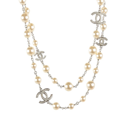 Chanel Crystal Pearl CC Long Necklace Silver 1 of 7