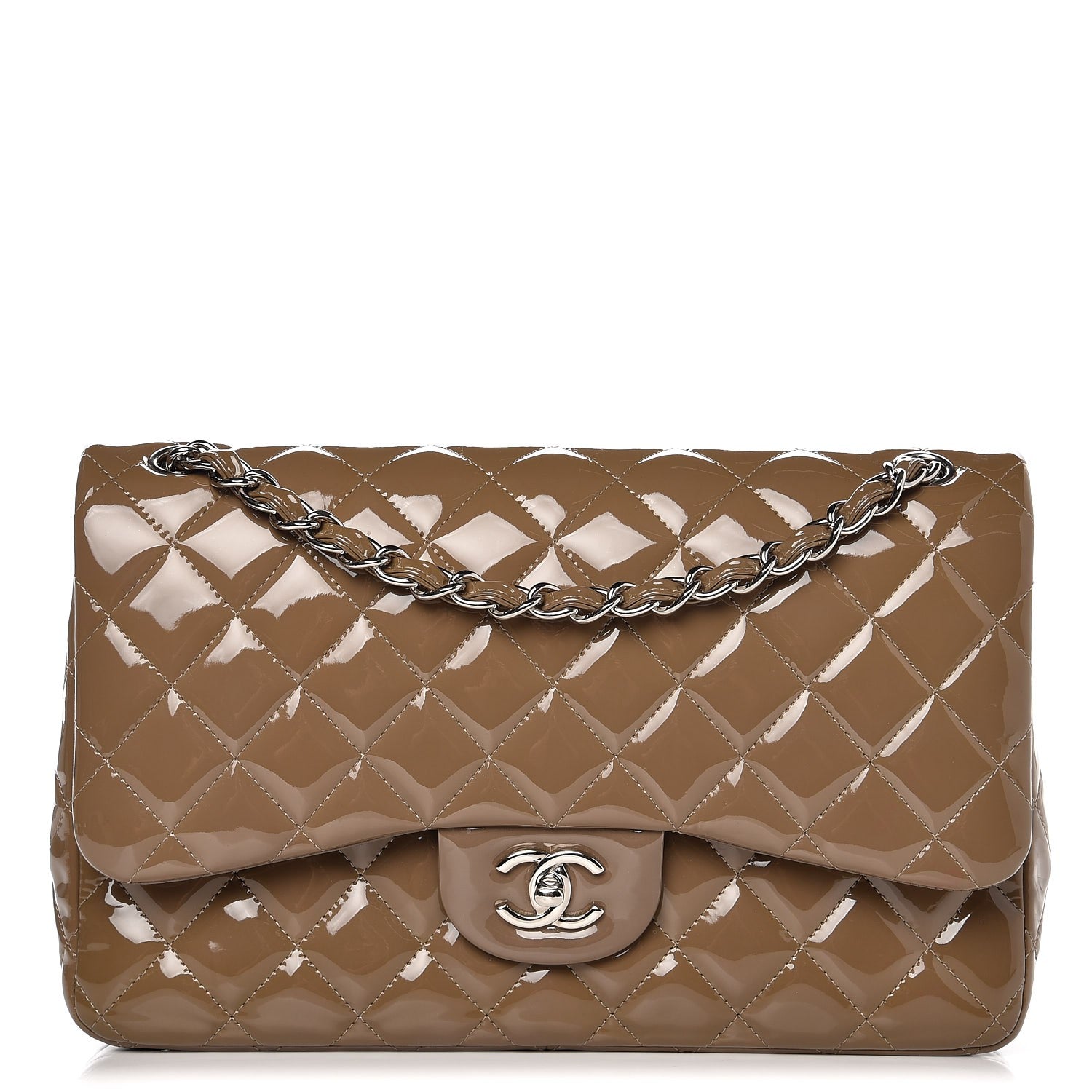 Chanel Patent Quilted Jumbo Double Flap Dark Beige 1 of 14