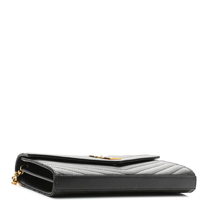 Saint Laurent Grain De Poudre Matelasse Chevron Monogram Chain Wallet Black 4 of 9