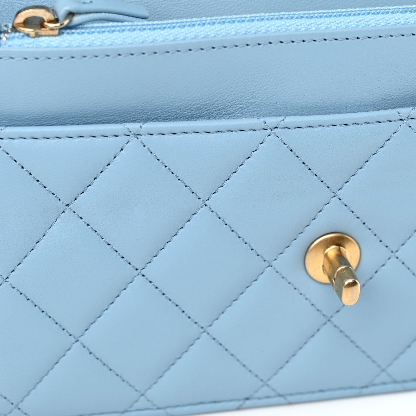 Lambskin Quilted CC Pearl Crush Wallet on Chain WOC Light Blue
