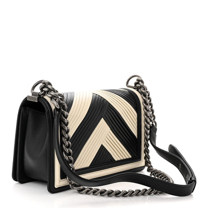 Chanel Calfskin Pleated Medium Boy In Rome Flap Black White 3 of 11