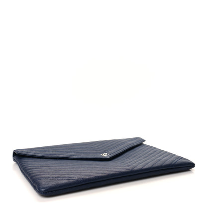 Chanel Caviar Chevron Quilted Large Statement Pouch Navy 4 of 10