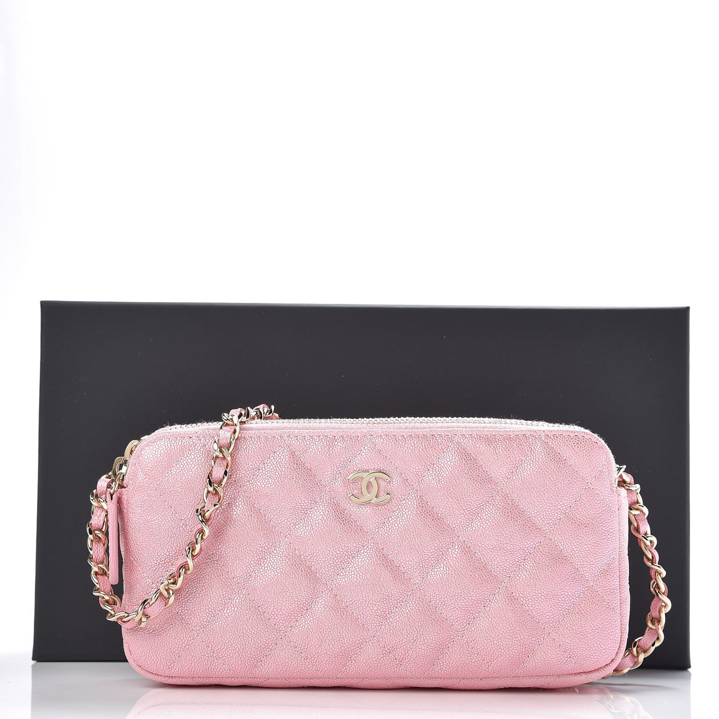 Iridescent Caviar Quilted Clutch With Chain Rose