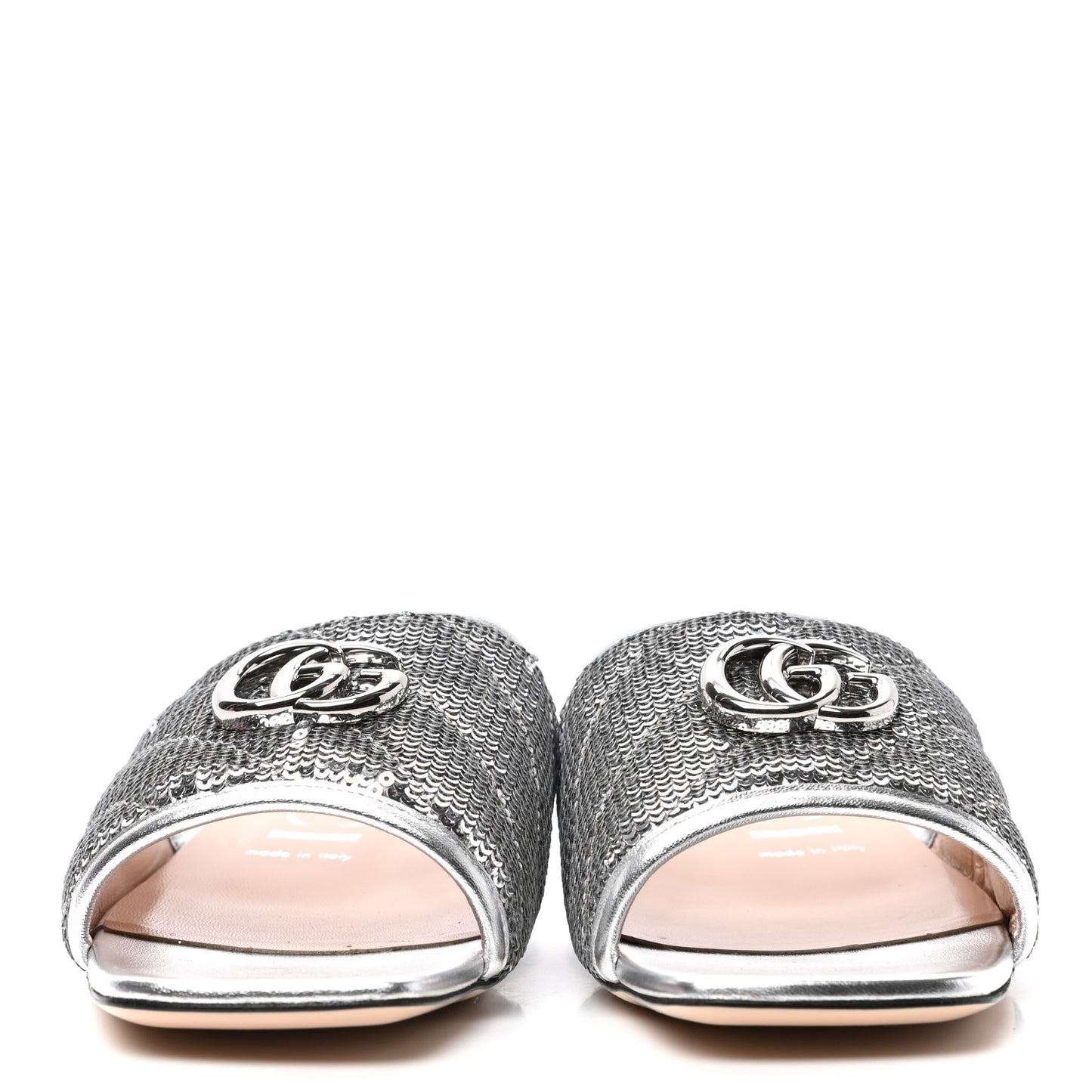Sequin Metallic Nappa GG Marmont Flat Slide Sandals 39 Silver