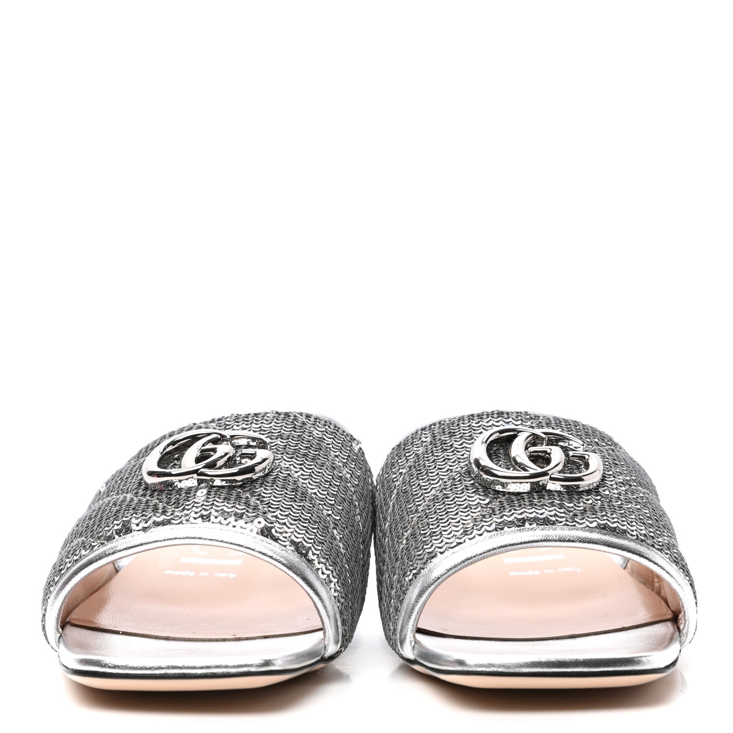 Gucci Sequin Metallic Nappa GG Marmont Flat Slide Sandals 39 Silver 3 of 9