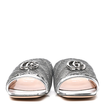 Gucci Sequin Metallic Nappa GG Marmont Flat Slide Sandals 39 Silver 3 of 9