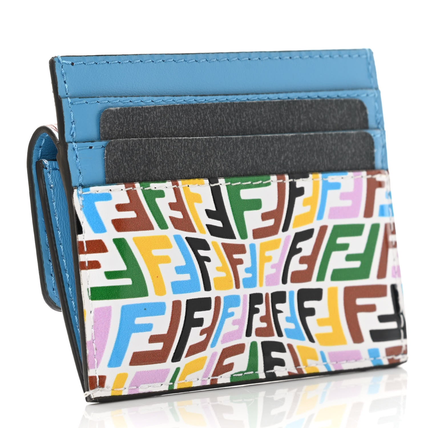 Fendi X SARAH COLEMAN Vitello Liberty Ceylon Micro FF Fish Eye Embossed Fold Over Card Holder Wallet Multicolor Cyber Blue 3 of 10