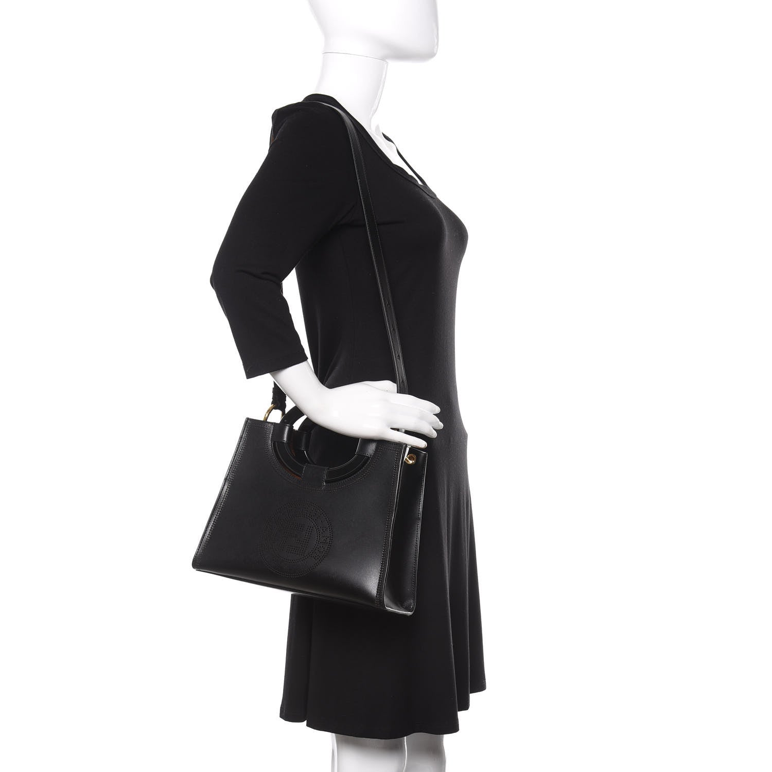 Fendi Vitello Liberty Plexiglass Stamp Patch Perforated Small Runaway Shopper Tote Black 2 of 9