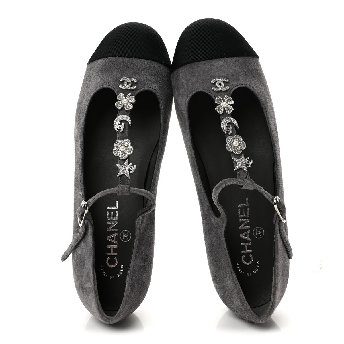 Suede Grosgrain Crystal Pearl Crystal Cap Toe T Strap CC Mary Jane Flats  37.5 Grey Black