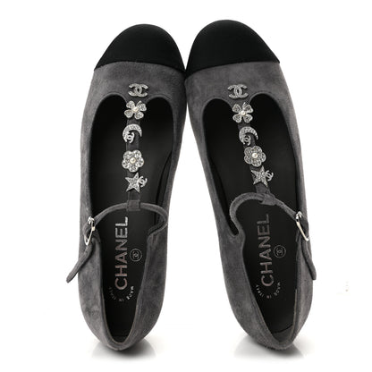 Chanel Suede Grosgrain Crystal Pearl Crystal Cap Toe T Strap CC Mary Jane Flats  37.5 Grey Black 2 of 9