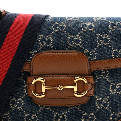 Gucci New Denim GG Monogram Dollar Calfskin Web Mini Horsebit 1955 Shoulder Bag Blue Tea Cuir Epilog 5 of 11