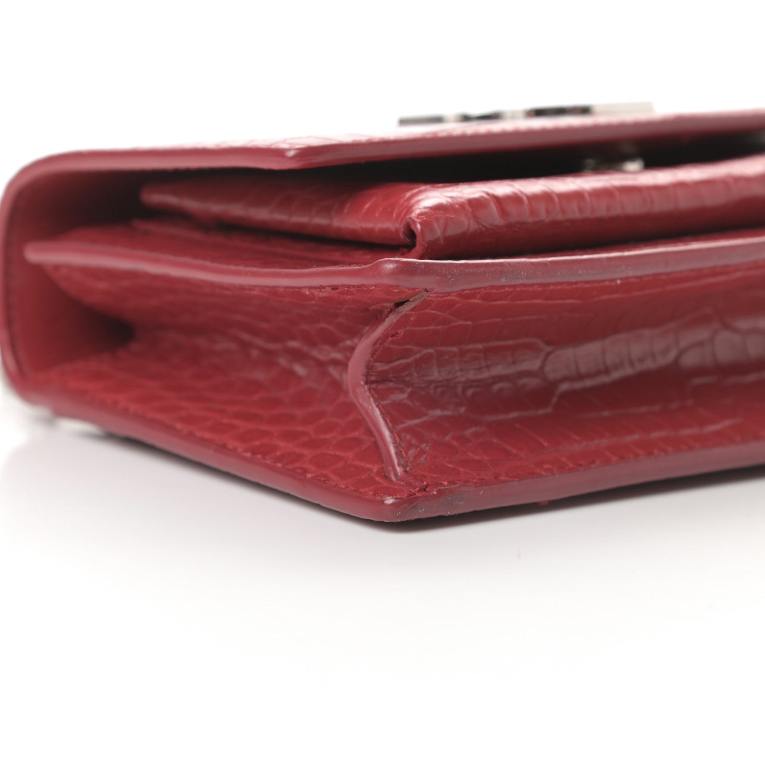Saint Laurent Calfskin Crocodile Embossed Monogram Sunset Chain Wallet Rouge Eros 9 of 12