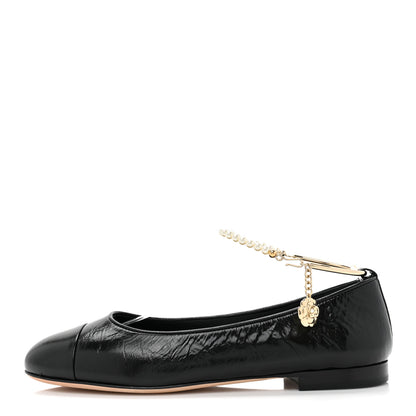 Chanel Lambskin Patent Calfskin Cap Toe Ankle Chain Ballerina Flats 39 Black 1 of 9