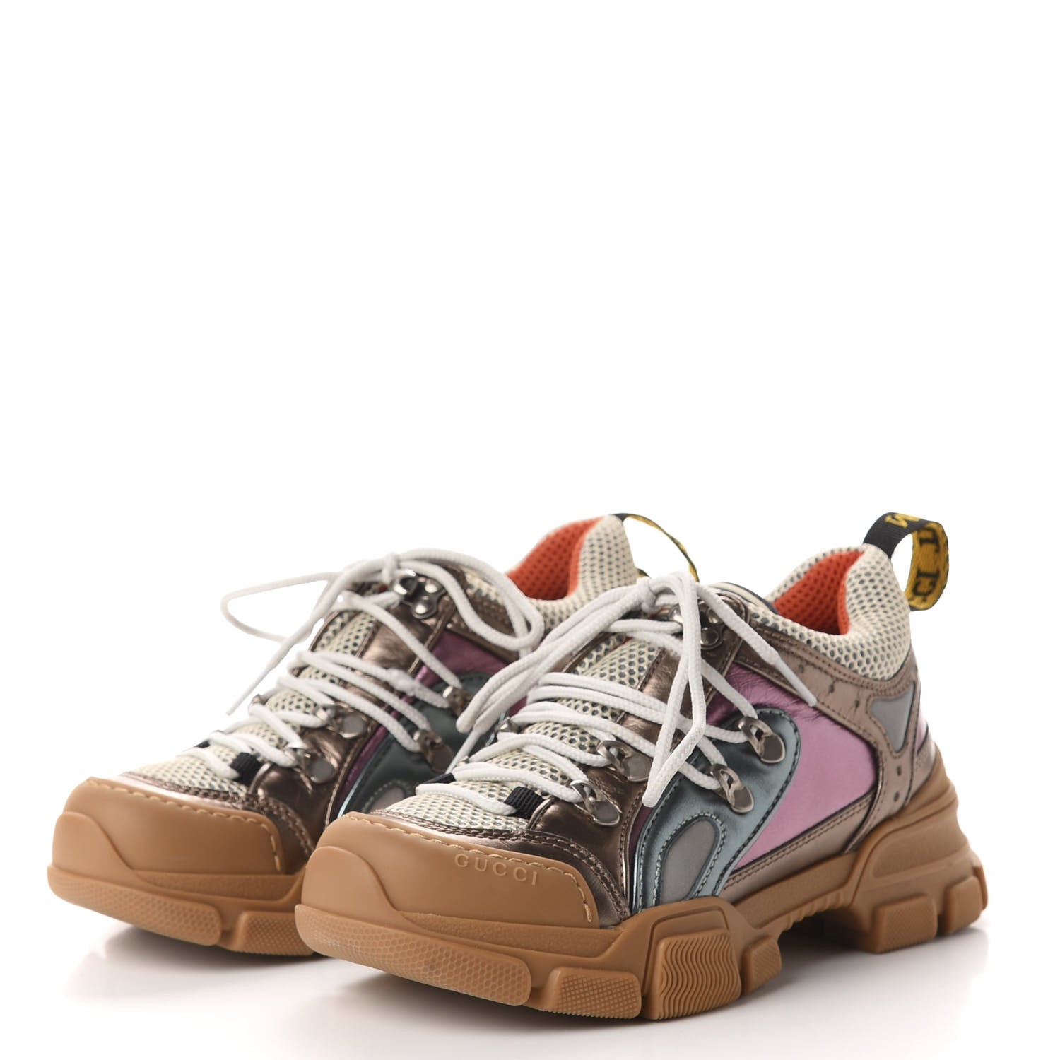 Gucci X SEGA Metallic Calfskin Mesh Womens Flashtrek Sneakers 35.5 Rame Mystic White Lago 2 of 8