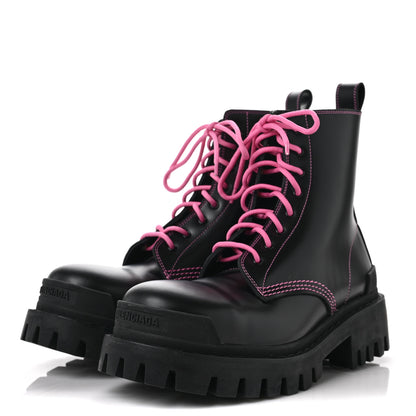 Balenciaga Calfskin Womens Strike 20mm Lace Up Boots 39 Black Fluo Pink 3 of 9