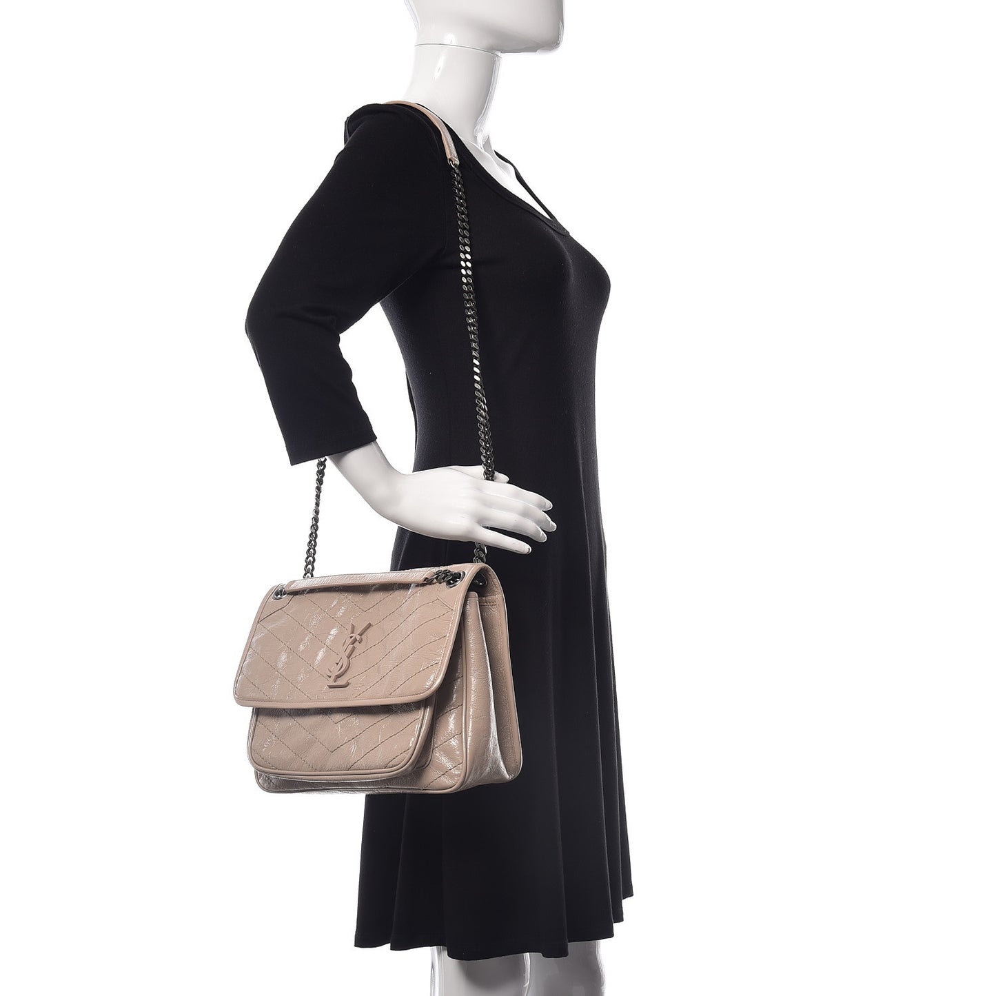 Crinkled Calfskin Matelasse Monogram Medium Niki Chain Satchel Light Natural