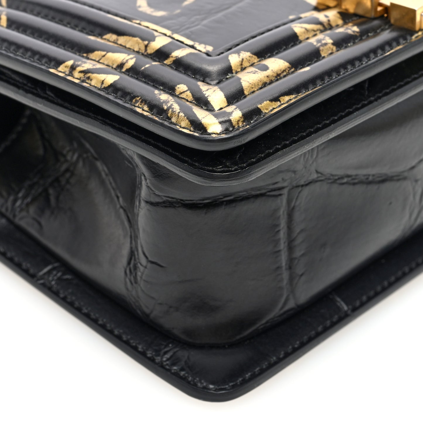 Calfskin Crocodile Embossed Graffiti Cocodile Small Boy Flap Black Gold
