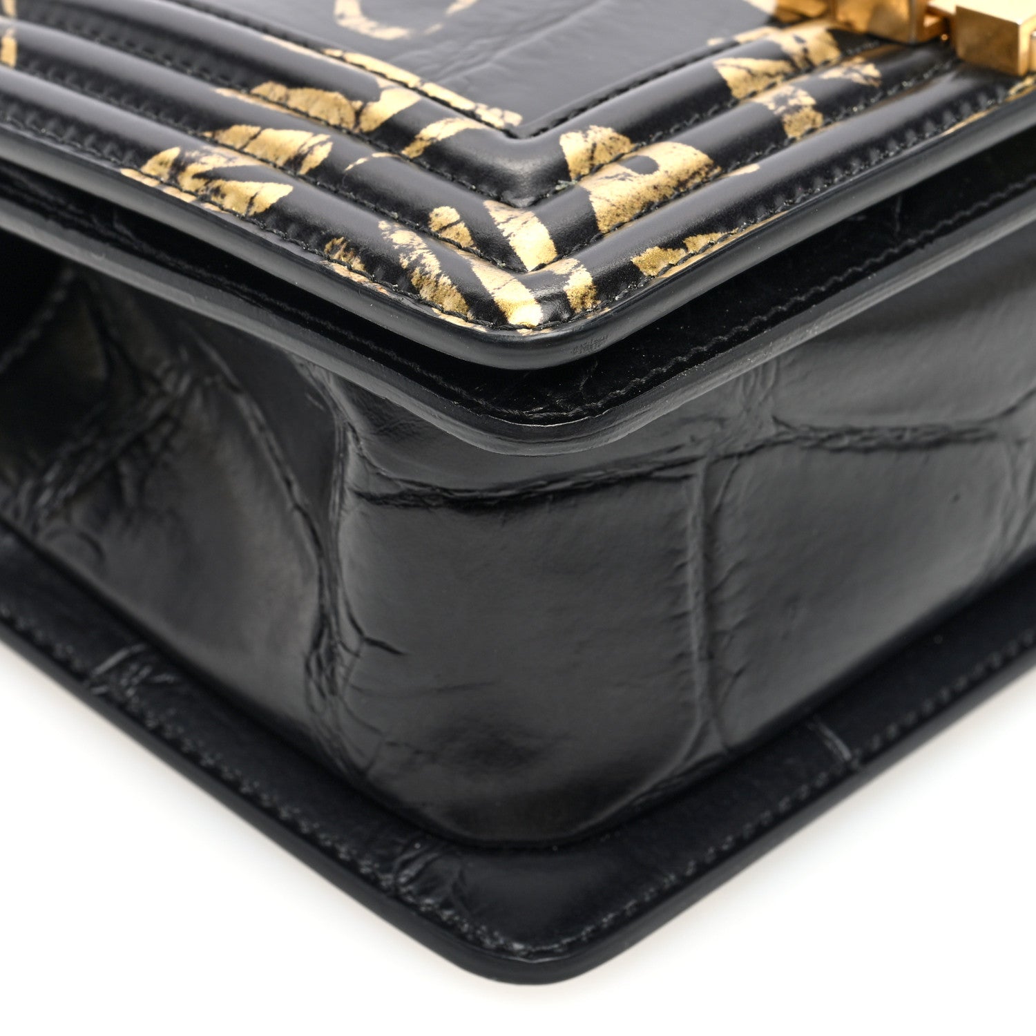 Chanel Calfskin Crocodile Embossed Graffiti Cocodile Small Boy Flap Black Gold 9 of 10