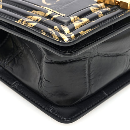 Chanel Calfskin Crocodile Embossed Graffiti Cocodile Small Boy Flap Black Gold 9 of 10