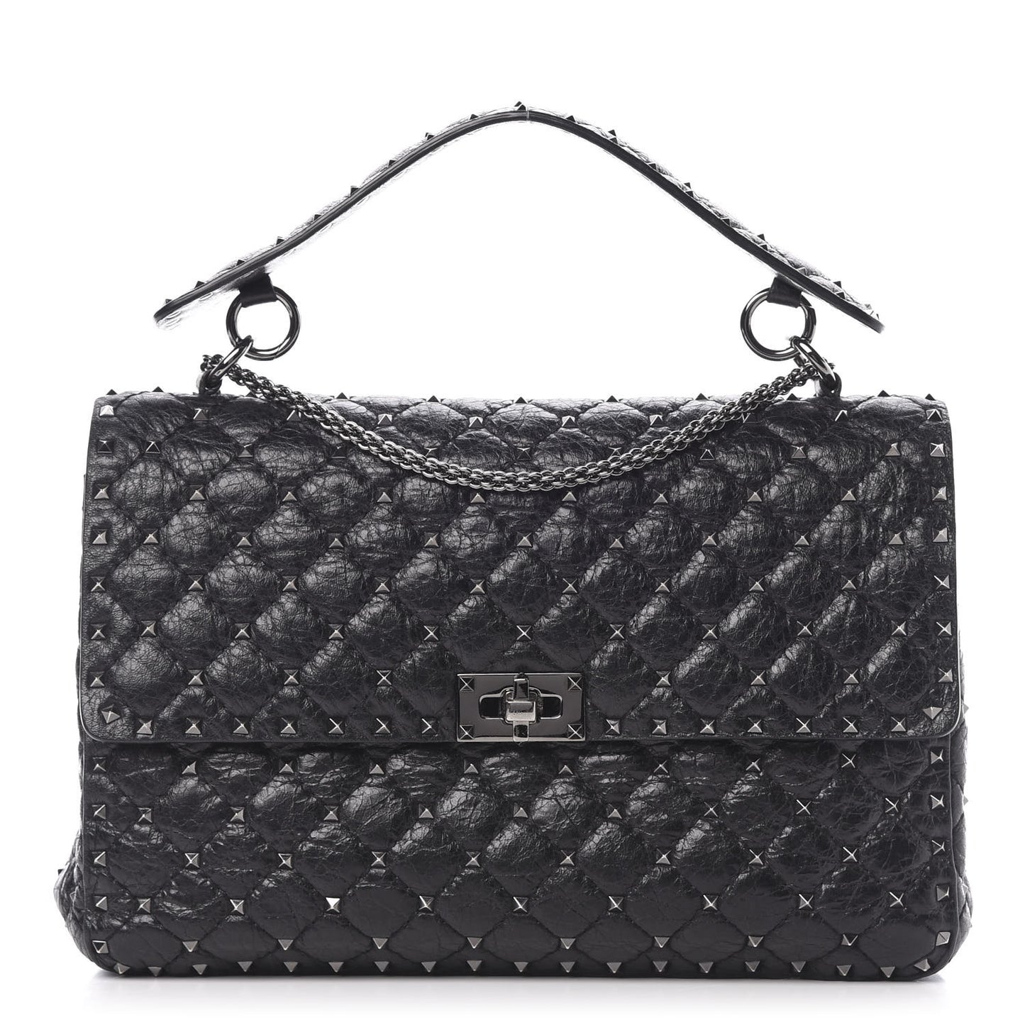 Craquele Nappa Large Rockstud Spike Shoulder Bag Black