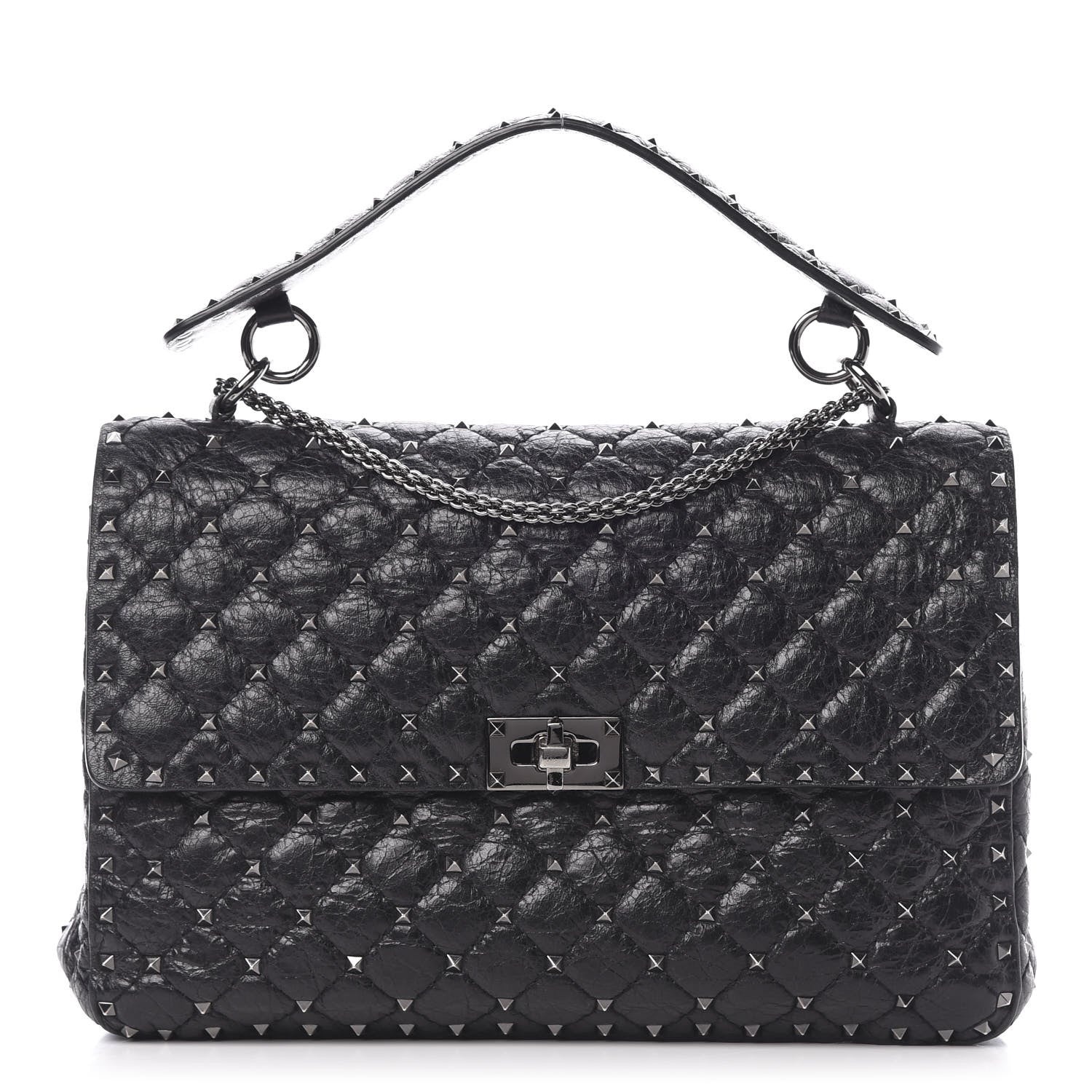 Valentino Garavani Craquele Nappa Large Rockstud Spike Shoulder Bag Black 1 of 11