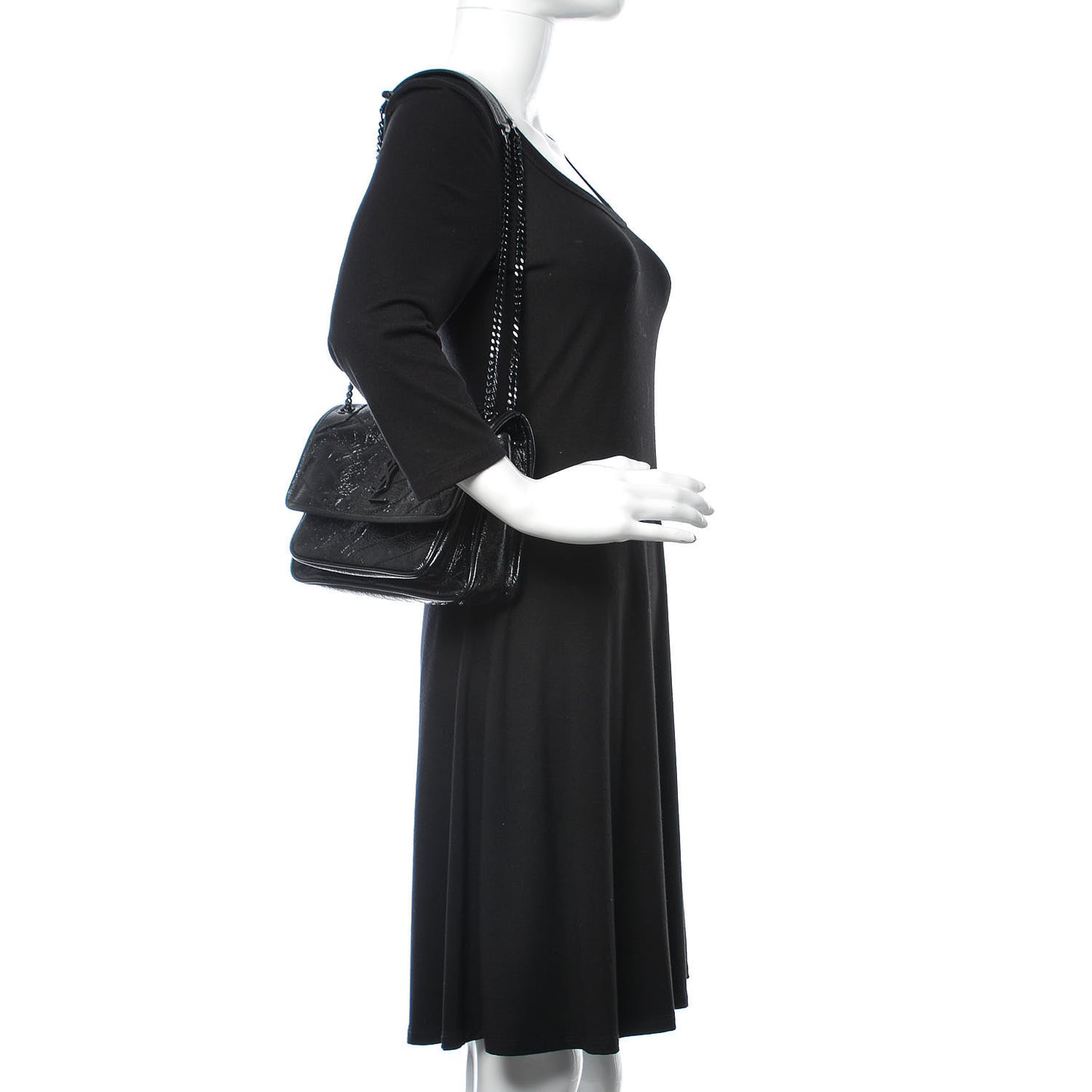 Crinkled Calfskin Matelasse Monogram Baby Niki Chain Satchel Black