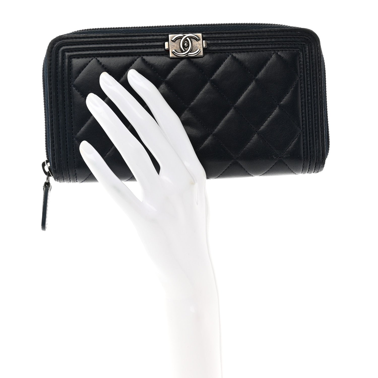 Chanel Lambskin Quilted Boy Zip Around Wallet Navy 2 of 9