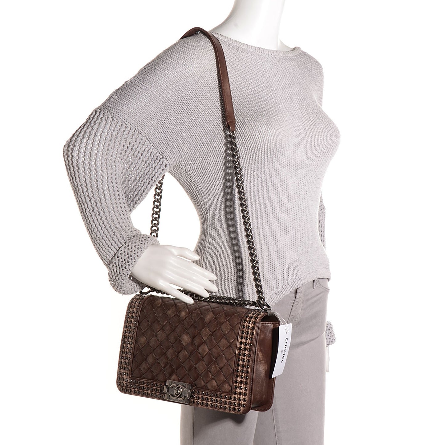 Faded Calfskin Studded Large Boy Flap Brown Beige