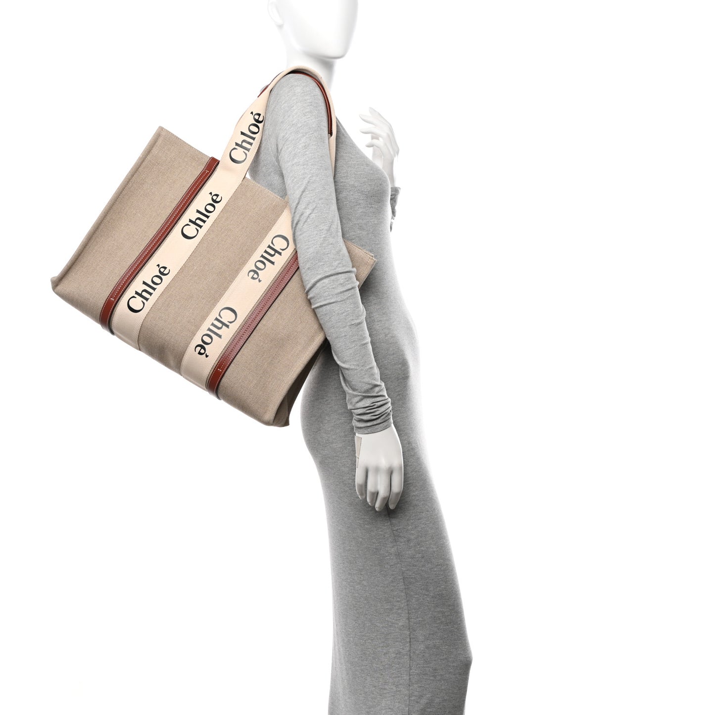Linen Calfskin Large Woody Ribbon Tote White Brown