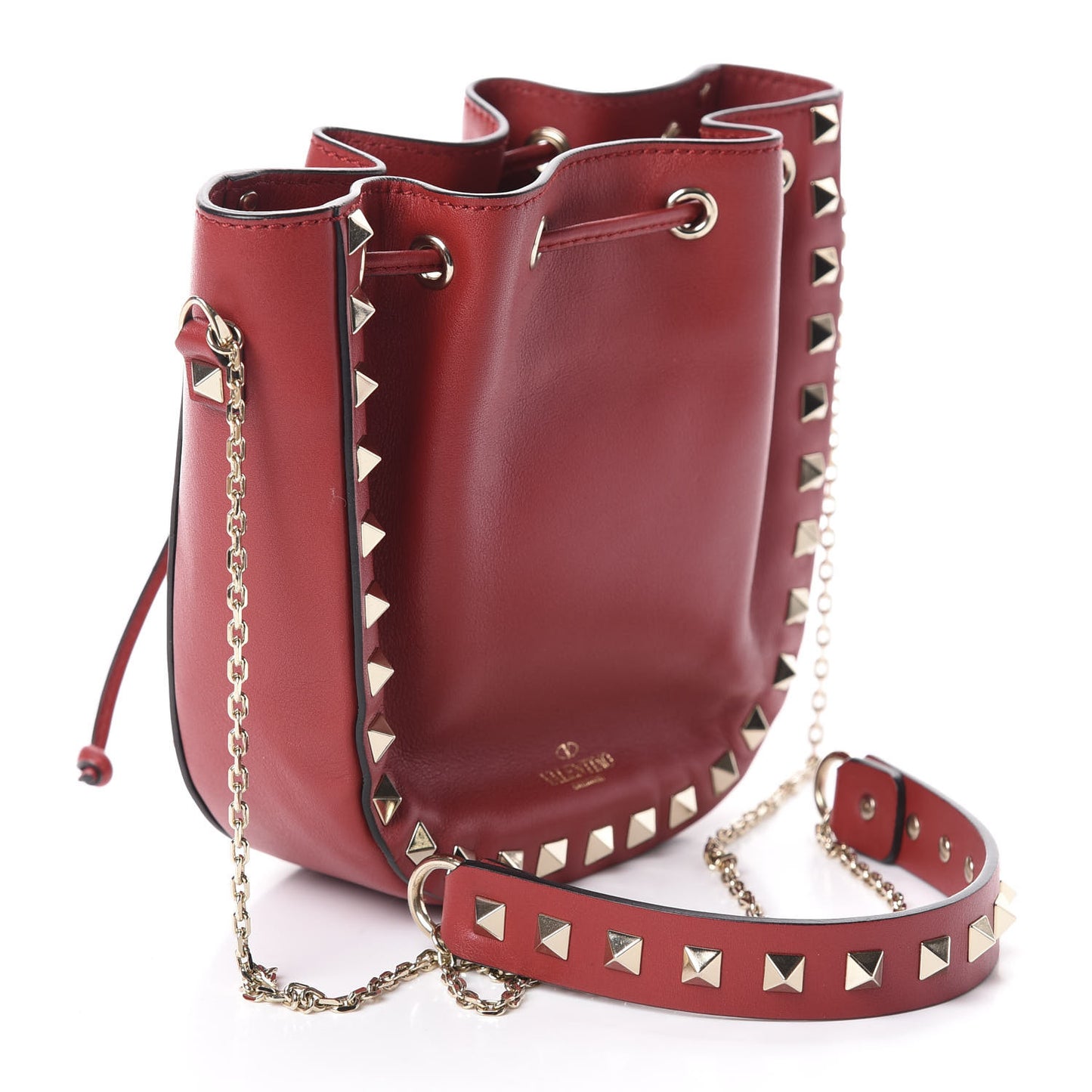 Vitello Mini Rockstud Chain Strap Bucket Bag Red