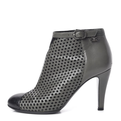 Chanel Perforated Lambskin CC Ankle Boots 37 Grey Black 1 of 15