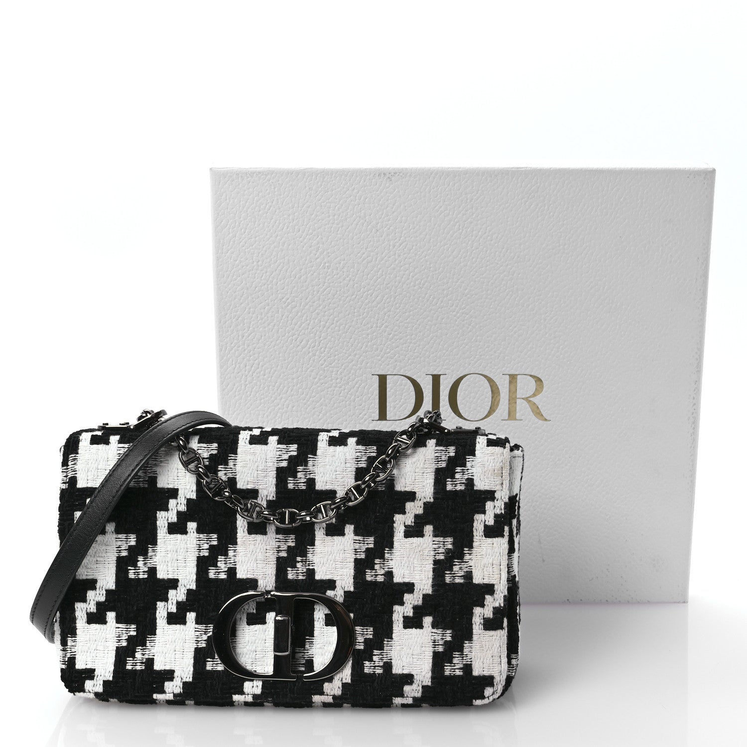 Christian Dior Tweed Macro Houndstooth Medium Caro Bag Black White 11 of 11
